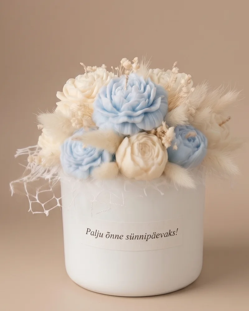 Large light blue and white candle bouquet with the Estonian message “Palju õnne sünnipäevaks!” on the box